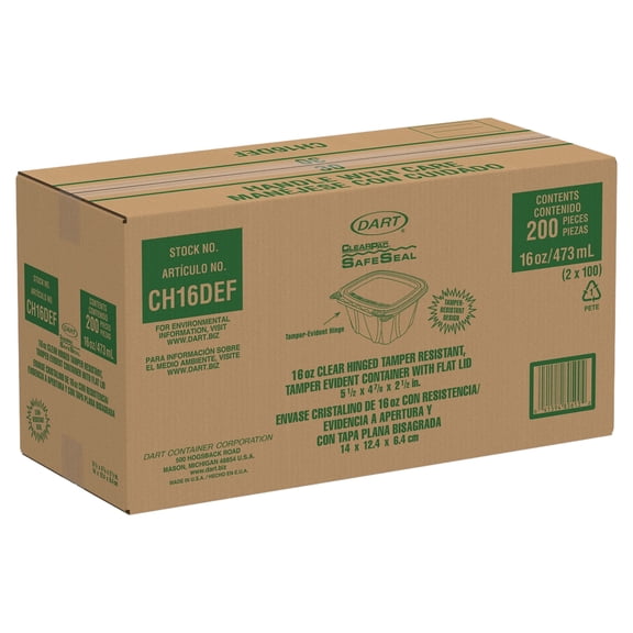 Dart ClearPac SafeSeal Tamper-Resistant/Evident Containers, Flat Lid, 16 oz, 4.9 x 2.5 x 5.5, Clear, Plastic, 100/Bag, 2 Bags/CT