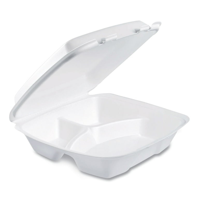 Foam Hinged Lid Container, Performer Perforated Lid, 3-Compartment, 9 x 9.4 x 3, White, 100/Bag, 2 Bag/Carton Foam Hinged Lid Container, Performer Perforated Lid, 3-Compartment, 9 x 9.4 x 3, White, 100/Bag, 2 Bag/Carton