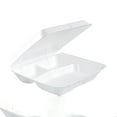 thumbnail image 1 of Dart Foam Hinged Lid Containers, 3-Compartment, 7.5 x 8 x 2.3, White, 200/Carton, 1 of 8