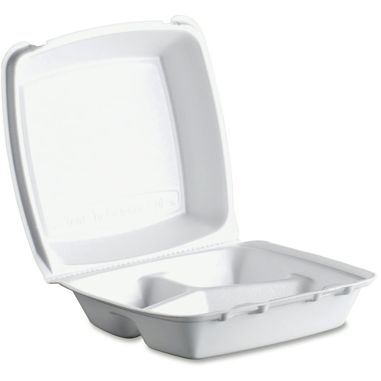 DART White Foam Hinged Lid Containers, 3-Compartment, 8.38 x 7.78