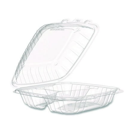 Dart Microwaveable Hinged Containers, 3 Compartments, 9 x 8.75 x 3, Clear, Plastic,150/Carton