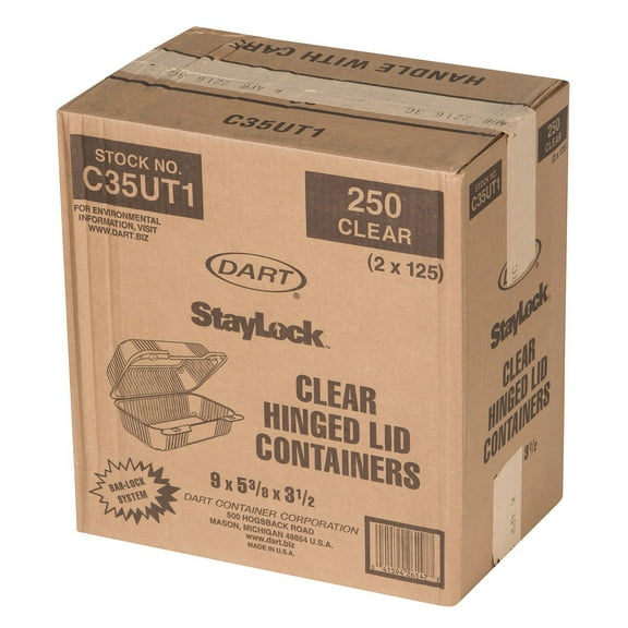 Dart StayLock Plastic Hinged Containers, 9"H x 5-3/8"W x 3-1/2"D, Clear, Pack Of 250 Containers