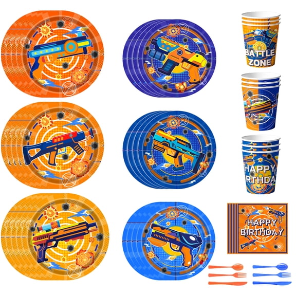168Pcs Dart War Birthday Party Tableware, 24 Guests Dart War Party Tableware Set Including Dart Battle Birthday Plates Napkins Paper Cups for Dart Battle Birthday Party Decorations Supplies