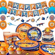Dart War Party Supplies,100pcs Dart War Birthday Decorations Tableware Set - Dart War Party Plates Cups Napkins Tablecloth&Dart War Balloons Banner Cake Topper etc Gun Party Supplies for Birthday