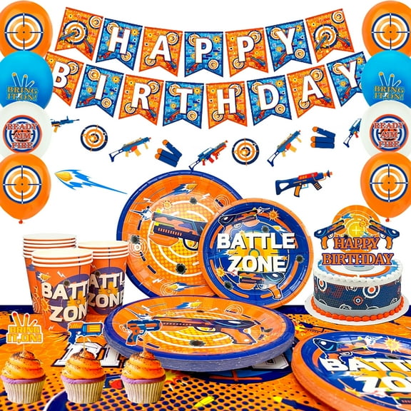 Dart War Party Supplies,100pcs Dart War Birthday Decorations Tableware Set - Dart War Party Plates Cups Napkins Tablecloth&Dart War Balloons Banner Cake Topper etc Gun Party Supplies for Birthday