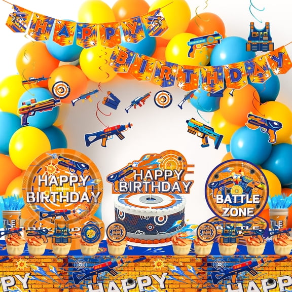 232pcs Dart War Party Decorations Supplies, Dart War Birthday Decorations Tableware Set, Dart Cupcake Toppers Banner Balloons Dart War Plates Tablecloth Hanging Swirls etc Dart Party Decorations