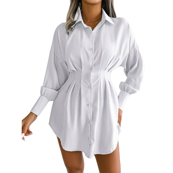 Darted Waist Button Down Shirt Dress for Women Above Knee Length
