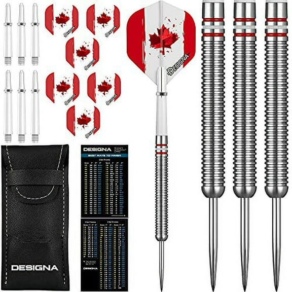 Dartfellas 22g 90% Tungsten Canada Canadian Flag Patriot X Steel Tip Dart Set, Flights & Shafts Included (2 Sets Each), w/Travel Case, 22 Grams
