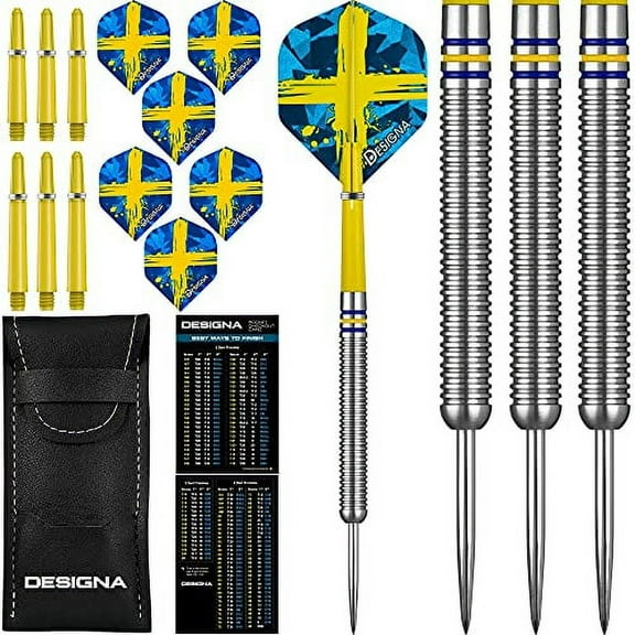 Dartfellas 22g 90% Tungsten Flag of Sweden Patriot X Steel Tip Dart Set, Flights & Shafts Included (2 Sets Each), w/Travel Case, 22 Grams