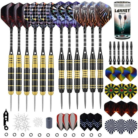 LANNEY Darts Metal Tip Set, 20 Grams and 24 Grams Steel Tip Darts Set, Professional Metal Tipped Darts with Sharpener Tool Kit, Aluminum Shafts, Brass Barrels, Carrying Case, Extra Flights