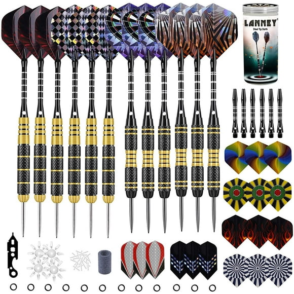 LANNEY Darts Metal Tip Set, 20 Grams and 24 Grams Steel Tip Darts Set, Professional Metal Tipped Darts with Sharpener Tool Kit, Aluminum Shafts, Brass Barrels, Carrying Case, Extra Flights