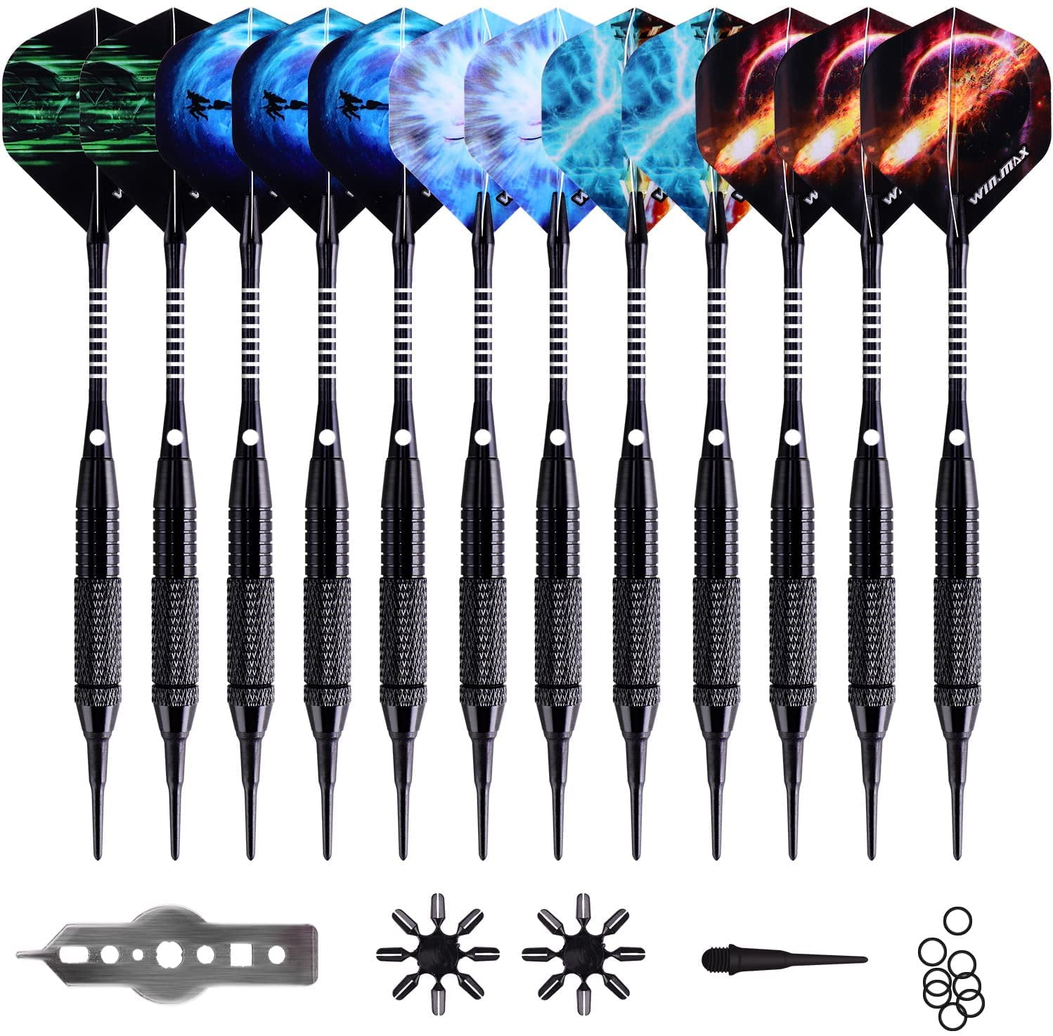 Darts Plastic Tip,Soft Tip Darts Set,12 Pcs 18 Gram with 100 Extra Dart Tips,12 Flights, Flight Protectors and Tool Kit for Electronic Dart Board
