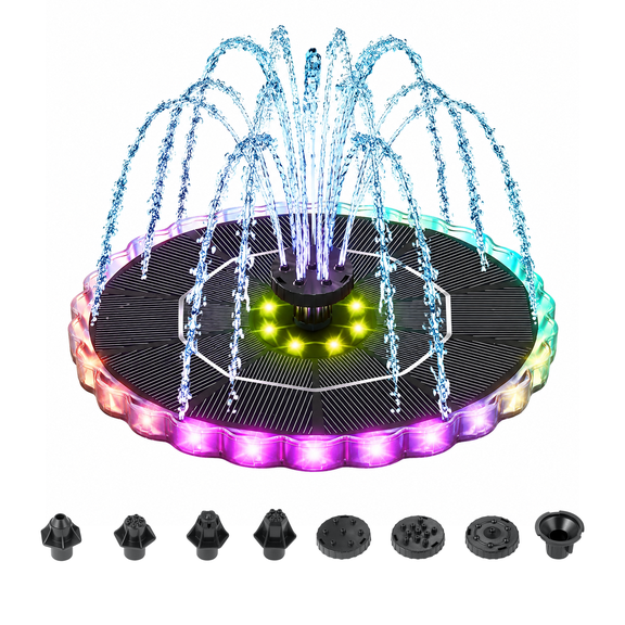 Dartwood Solar Fountain Bird Bath - 3.5W Floating Solar Powered Fountain Pump with 2000mAh Battery & 32 LED Lights, Water Shortage Protection & 7 Nozzles for Garden, Pond, Pool, and Outdoor