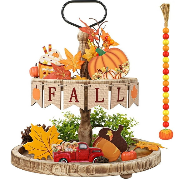 Daruoand 12Pcs Fall Tiered Tray Decor Mini Fall Banner Acorn Maple Leaf Autumn Truck Ice Cream Pumpkin Wooden Ornaments Supplies Gifts for Thanksgiving Harvest Festival