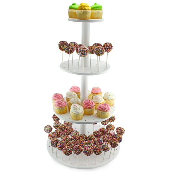 Darware Cake Pop / Cupcake Stand (4-Tiered); White Wooden Dessert Display for Parties and Special Events