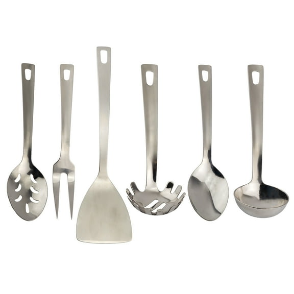 Darware Complete Serving Spoon & Utensil Set (6-Piece Set, Silver); w/ Pasta Server, Fork, Spoon, Slotted Spoon, Ladle, & Cake/Casserole Server