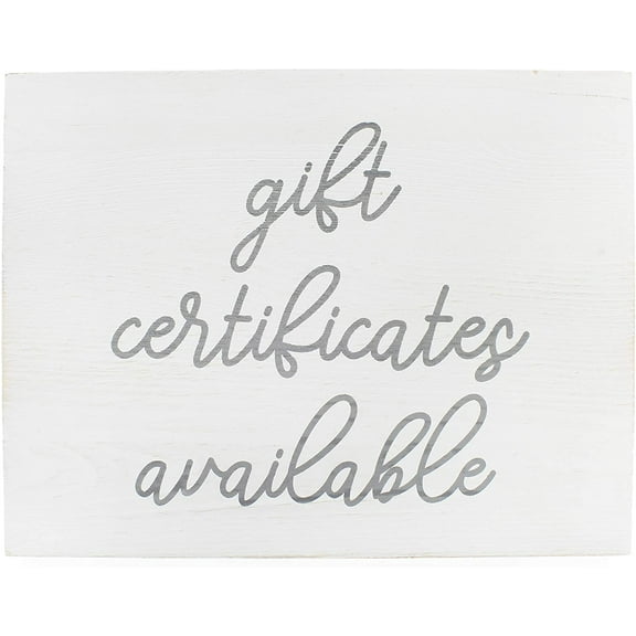 Darware Gift Certificates Available Sign, Wood Decorative Retail Store Display Sign for Gift Cards / Certificates (White w/ Gray Script)