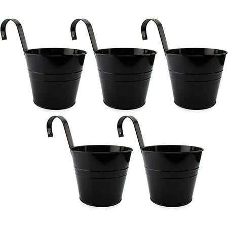 Darware Hanging Flower Pots (Black, 5-Pack); 6-Inch Metal Planter Buckets with Hooks for Fence / Balcony Railing