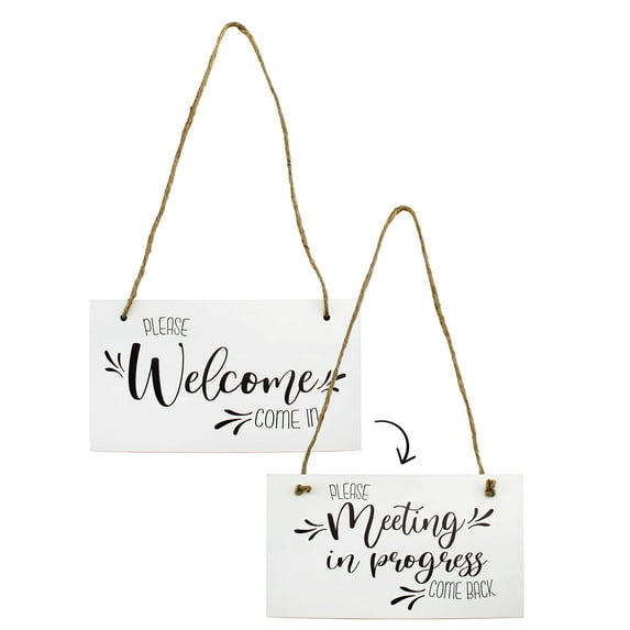 Darware Meeting in Progress / Do Not Disturb Wood Sign (White), Reversible Home and Office Meeting Door Hanger