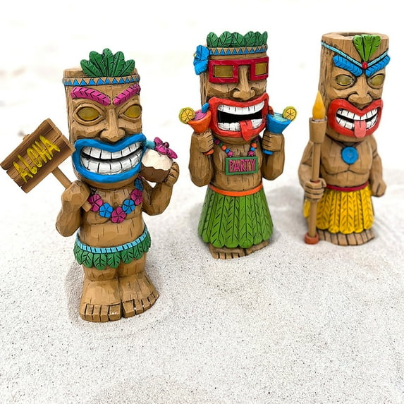 Darware Solar Garden Tiki Statues (Set of 3); Solar-Powered Hawaiian Luau Party, Pool Tiki Bar and Garden Decor