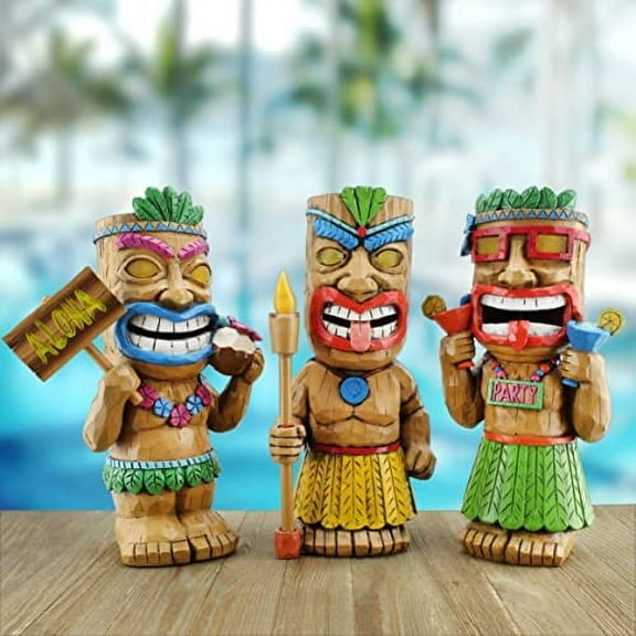 Darware Solar Garden Tiki Statues (Set of 3); Solar-Powered Hawaiian Luau Party, Pool Tiki Bar and Garden Decor
