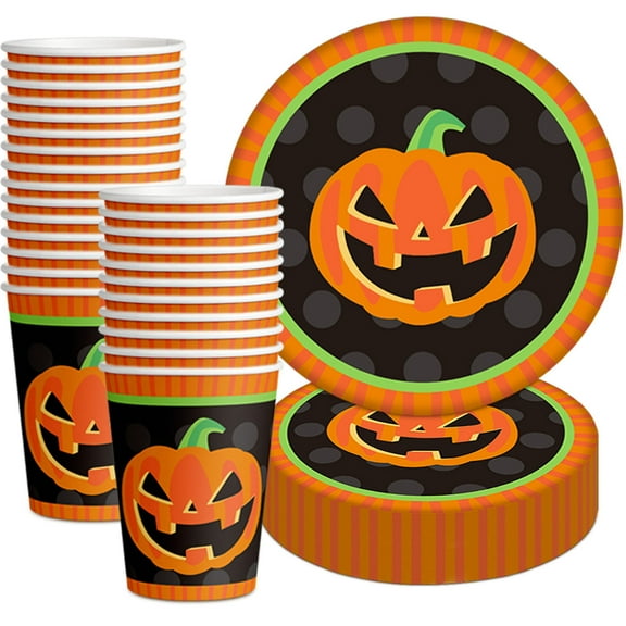 Darzheoy 10 Pcs Halloween Party Dinnerware Set Orange Black Pumpkin Themed Paper Dinner Plates Cups Halloween Disposable Tableware Party Supplies for Spooky Themed Party