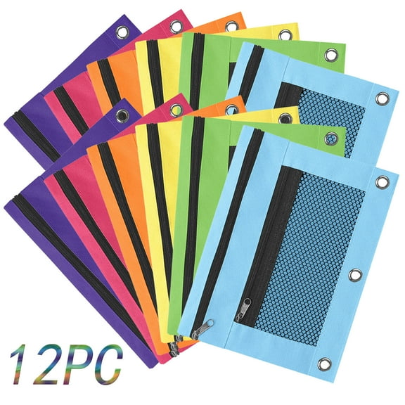 Darzheoy 12PC Pencil Pouch for 3 Ring Binder, Pencil Pouch with Double Pocket, Pencil Bag with Mesh Window, Binder Pencil Pouch for Office Products Pen Bag (Rainbow Color)