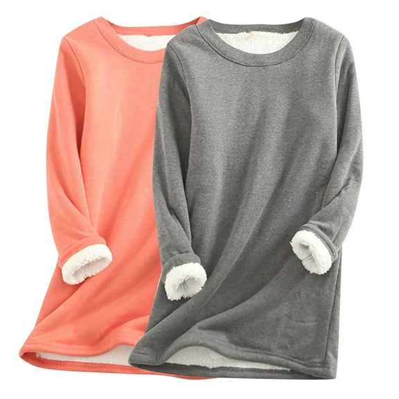 Darzheoy 2 Piece Womens Tops Hoodless Round Neck Pullover Long Sleeve Loungewear Sweatshirts Seamless Thermal Plush Thickened Solid Color Fall Winter Blouses