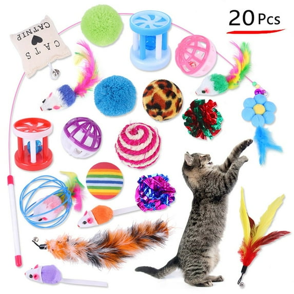 Darzheoy 20 Pcs Cat Toys Kitten Toys Assortments, Variety Catnip Toy Set Including Cat Feather Teaser, Mice, Colorful Balls and Bells for Cat Puppy Kitty