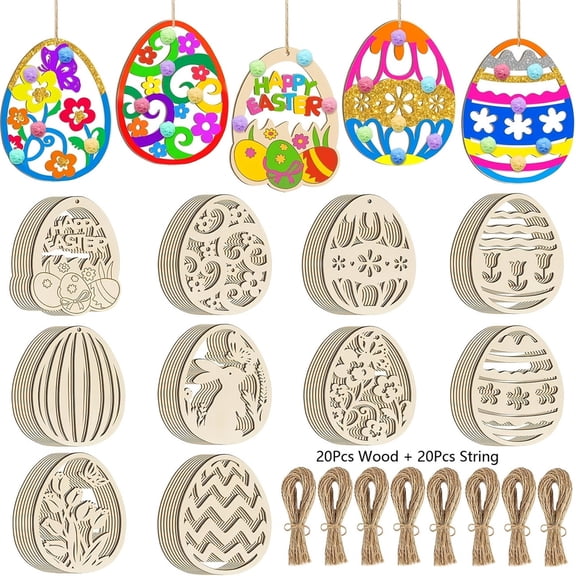 Darzheoy 20 Sets Wooden Easter Ornaments Decorations DIY Easter Craft Kits Assorted Paintable Unfinished Wood Easter Egg Ornaments for Kids Classroom Home Activity Art