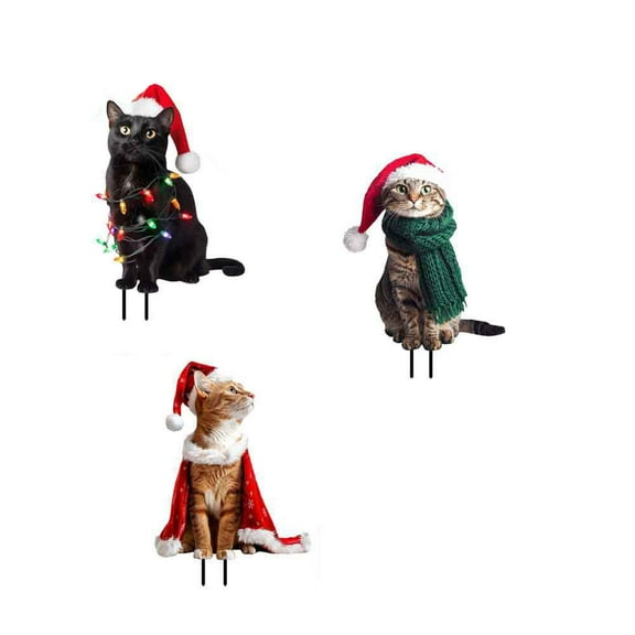 Darzheoy 3Pcs Cat Christmas Yard Signs with Stakes Christmas Lawn Sign Pet Theme Christmas Yard Stakes Waterproof Christmas Yard Decorations for Holiday Garden Patio