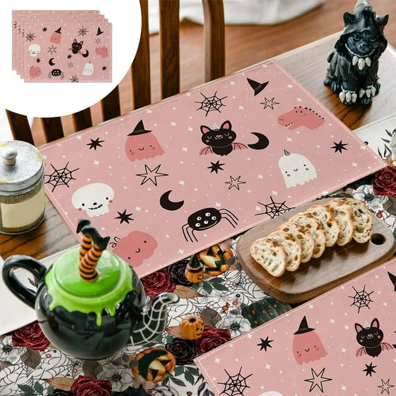 Darzheoy 4 Pcs Halloween PVC Placemats Set, Non-Slip Easy Clean Kitchen Table Mats, Double Thickened Reversible Linen Placemats for Dining, , Durables 45x30cm Table Protectors,Pink