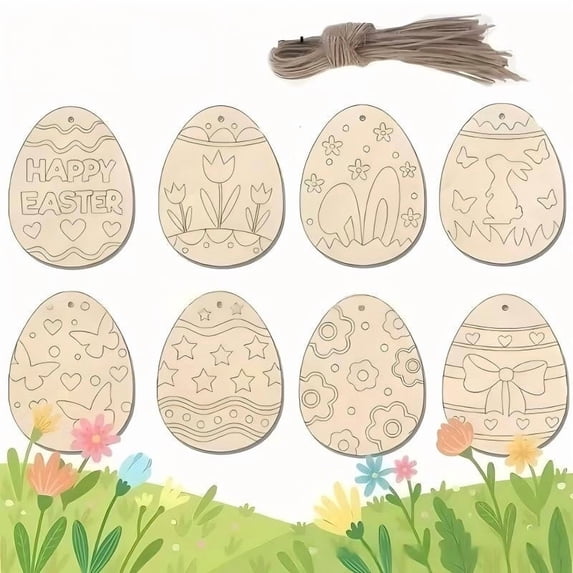 Darzheoy 40 Sets Wooden Easter Ornaments Decorations DIY Easter Craft Kits Assorted Paintable Unfinished Wood Easter Egg Ornaments for Kids Classroom Home Activity Art