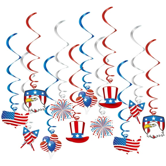 Darzheoy 4th of July Party Decorations, 12 pcs Red White Blue Hanging Swirls Banner, USA Patriotic America Independence Ceiling Garland Backdrop Supplies Decor