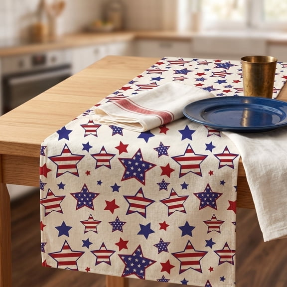 Darzheoy 4th of July Table Linen Set,Independence Day Patriotic Tablecloth and Table Runner,Water Resistant Dining Table Cover with Stars and Stripes for Home Kitchen,Outdoor Picnic Party Decoration