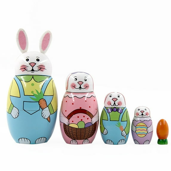 Darzheoy 5pcs Handmade Wooden Animal Nesting Dolls, Rabbit & Carrot, Traditional Russian Matryoshka Gift