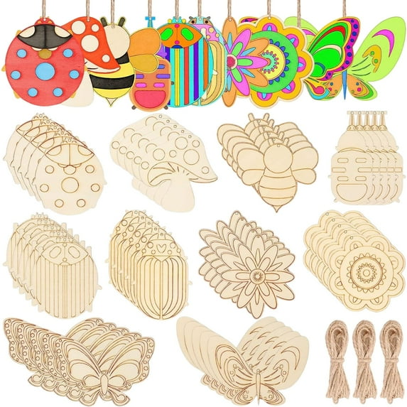 Darzheoy 60Pcs Wood Cutouts Ornaments for Crafts Butterfly Flower Unfinished Wooden Slices DIY Paint Crafts Blank Hanging Embellishment for Painting Spring Holiday Party Supplies