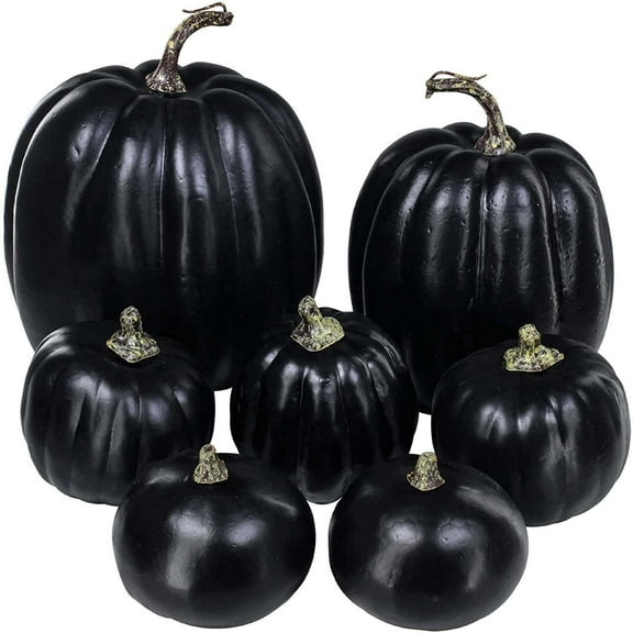 Darzheoy 7Pcs Halloween Decorations Indoor Black Fake Artificial Pumpkins Decoration Fall Harvest Halloween Thanksgiving Centerpiece