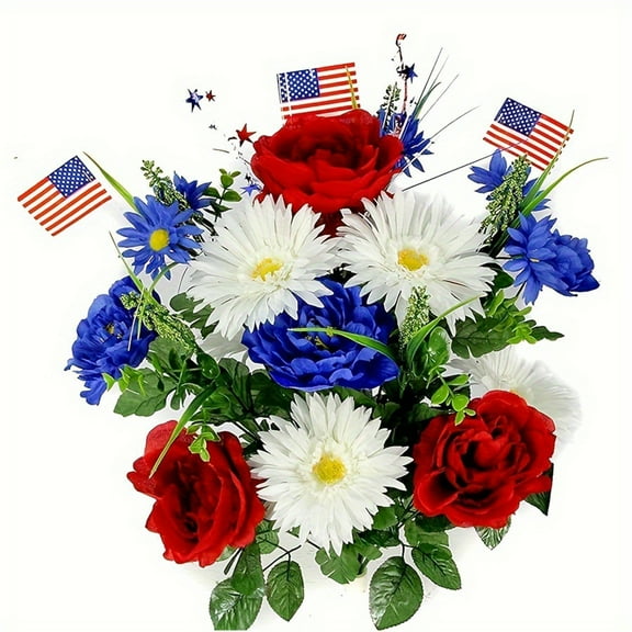 Darzheoy Artificial Flower Patriotic Memorial Bouquet Red White and Blue Decorations Cemetery Flowers for Grave Silk Floral Arrangement 4th of July Decorations for Table Entryway Decor