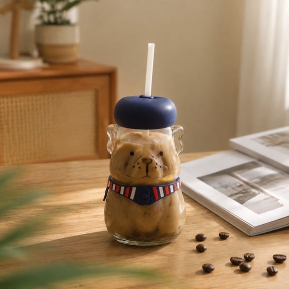 Darzheoy Bear Glass Cups, Cute Bear Glass Tumbler, Bear Glass Cup with Lid and Straw, Reusable Glass Cup with Straw, Cute Bear Cup for Iced Coffee, Milk Tea, Cocktails, Smoothie, Juice