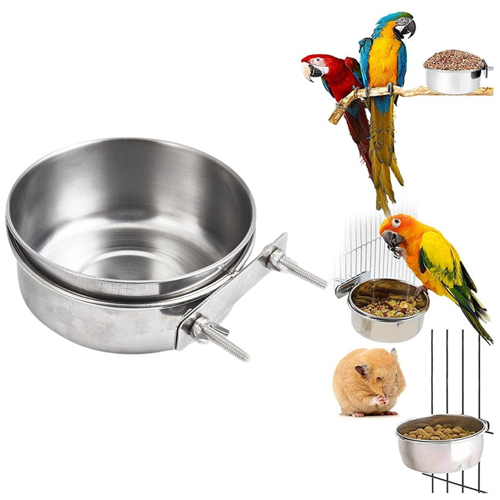 Darzheoy Bird Feeding Dish Cups Stainless Steel Bird Feeder Parrot Food Water Bowls with Clamp Bird Cage Water Bowl for Bird Parrot cockatiel Conure