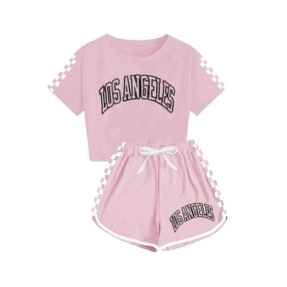 Darzheoy Boys And Girls Outfits Versatile Printed Plaid Solid Color T-Shirt And Elastic Waist Drawstring Shorts Thin 2 Piece Short Sleeve Sets ,Size 5-13 Years