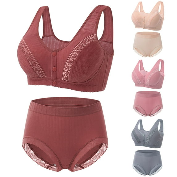 Darzheoy Bras for Women No Underwire Underwear Set for Women Lace Casual Sexy Front Button Shaping Cup Wide Strap Underwire Bra Plus Size Bra Underwear Set 42