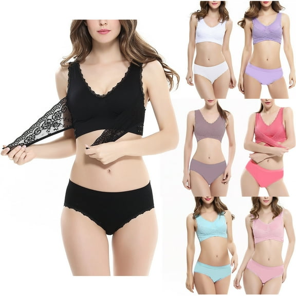 Darzheoy Bras for Women No Underwire Women's Non Steel Ring Adjustable Gathered Cross Buckle Lace Bra Set L