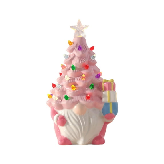 Darzheoy Ceramic Christmas Tree, Pink Christmas Decor Light-Up Ceramic Gnome with LED Battery Powered, Classic Christmas Decor for Home Shelf Cabinet Table, Tabletop