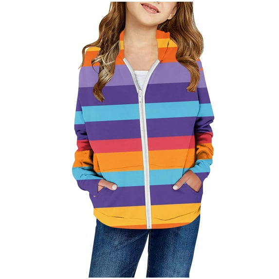 Darzheoy Children Sweatshirt Hoodie Color Stripped Jackets For Girls And Boys Cute Patchwork Color Long Sleeve Fall Winter Zipper Tops Coats ,Size 2-13 Years