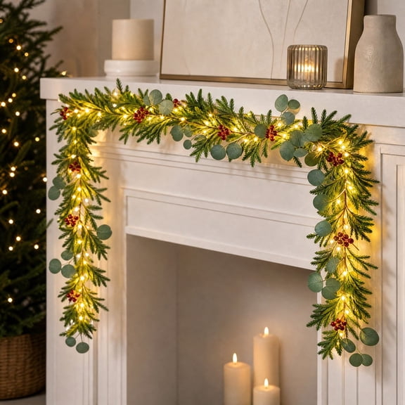 Darzheoy Christmas Garland Lights, 6.9 ft Artificial Pine Bough, Faux Greenery Winter Decor, Christmas Decorations Outdoor for Mantle Fireplace Window