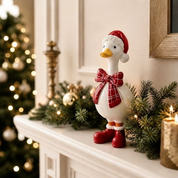Darzheoy Christmas Goose Ornaments, Resin Waterfowl Figurine, Christmas Decorations Indoor Outdoor, Christmas Goose Decoration for Mantel Bookshelf Desk