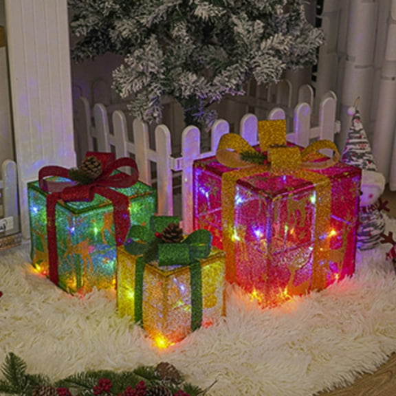 Darzheoy Christmas Light Boxes Set of 3 Decorative Gift Boxes with Warm LED Lights for Indoor Xmas Decor Home and Office Use