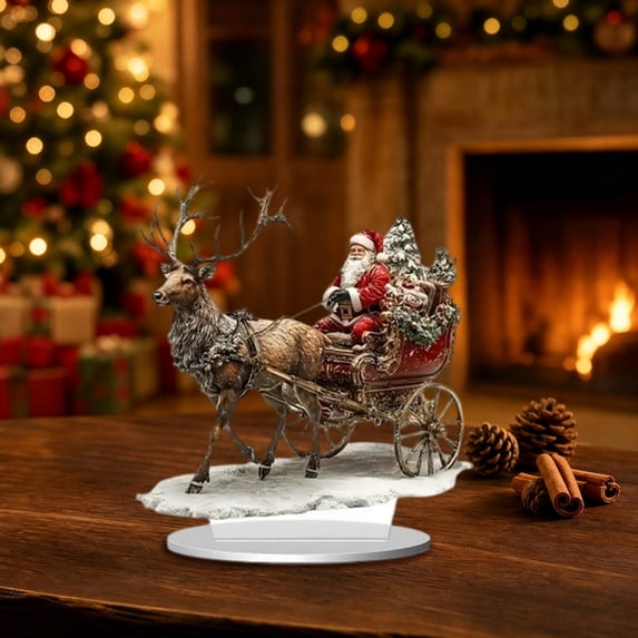 Darzheoy Christmas Santa Figurine, Sleigh Acrylic Tabletop Ornament, Winter Holiday Gift Accent, Christmas Decorations Indoor for Home Table Shelf Mantel